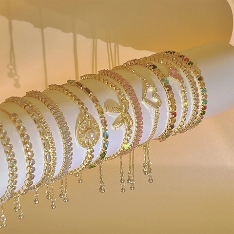 Bracelet Bolo Ajustable Pour Femmes Cuivre Plaqué Or Zirconium Coeur Géométrique Style Tennis Bijoux Vintage