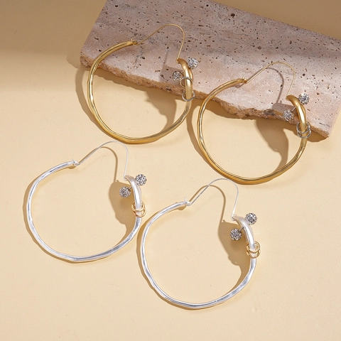 Oversized Alloy Hoop Earrings With 925 Sterling Silver Earring Post Geometric Irregular Melted Texture Rhinestone Ball