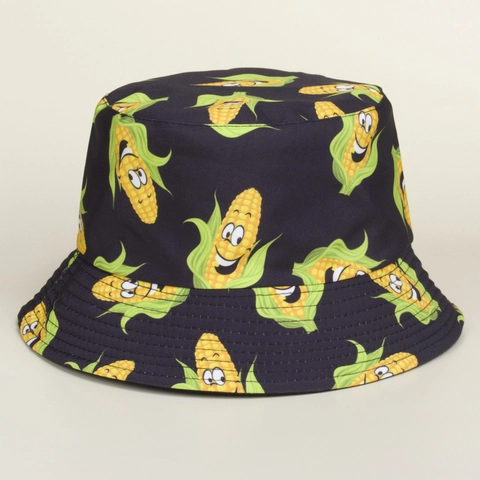 Chapeau Seau Imprimé Maïs Dessin Animé Coton Toile Protection Solaire Réversible Décontracté Extérieur