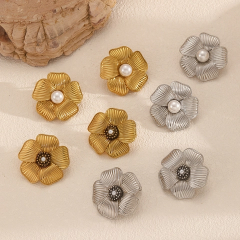 Floral Stud Earrings Stainless Steel With Artificial Pearl Center Textured Flower Dimensional Chic Retro Jewelry For Women