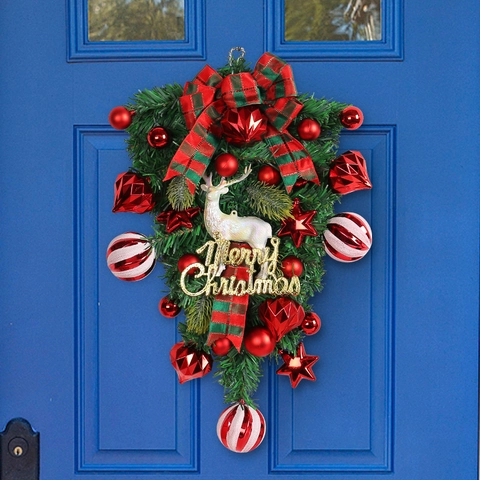 Christmas Teardrop Swag Wreath Artificial Pine White Reindeer Red Plaid Bow Merry Christmas Sign Wall Hanging Decor