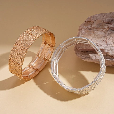 Alloy Wide Elastic Bracelet Metal Textured Wrinkled Square Geometry Minimalist Chunky Bangle For Women Fashion Jewelry