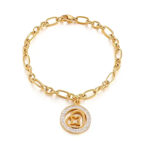 Pulsera De Acero Inoxidable Corazón Estrella Colgante Redondo Estrás Cadena Joyería De Moda Para Mujer