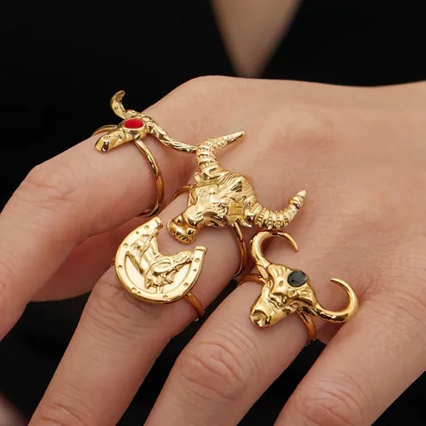 Bull Head Horse Head Ring 18K Gold Plated Stainless Steel Western Cowboy Retro Punk Bohemian Style Open Adjustable Jewelry