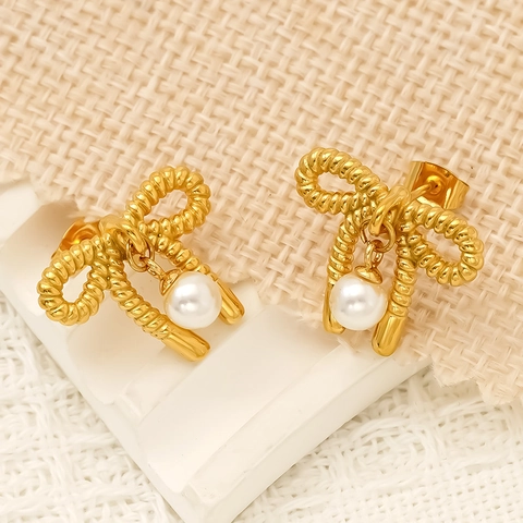 Bow Knot Artificial Pearl Stud Earrings 304 Stainless Steel 18K Gold Plated Waterproof Hypoallergenic Elegant Vintage Jewelry For Women