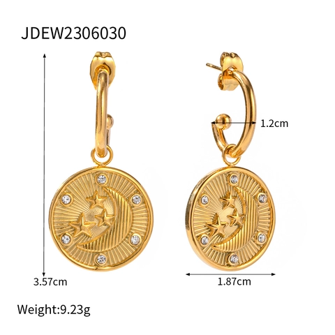 Vintage Creolen Voor Dames 18K Verguld Roestvrij Staal Maan Ster Reliëf Ronde Munt Hanger Sieraden Cadeau