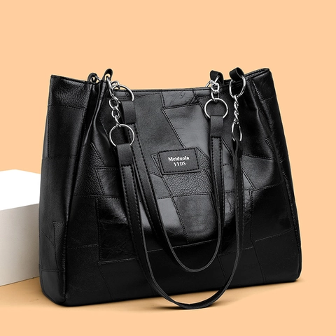 Patchwork PU Leder Tote Tasche Große Kapazität Retro Schulterhandtasche Damen Pendler College Student