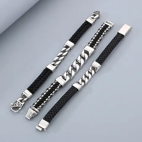 316L Edelstahl Panzerkette Echtes Leder Geflochtenes Armband Herren Retro Punk Magnetverschluss Schmuck Geschenk