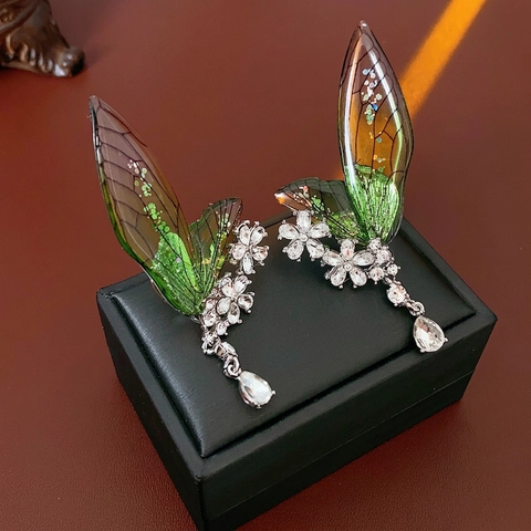 Orecchini Ear Cuff Ala Verde Fata Con Lega Resina Strass E Perno Per Orecchini In Argento Sterling 925