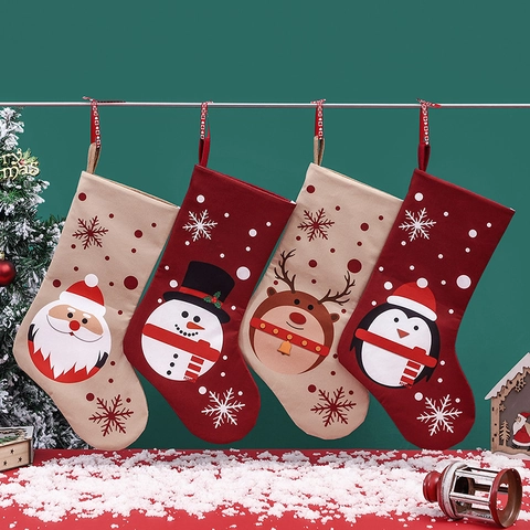 Calza Di Natale Tessuto Stampato Babbo Natale Pupazzo Di Neve Renna Pinguino Motivo Decorazione Festiva Sacchetto Regalo Appeso