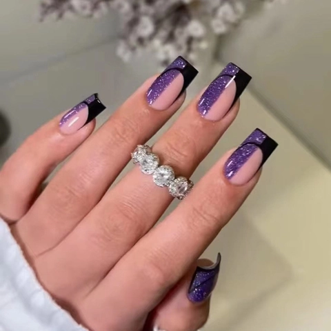 Unghie Finte French Glitter Viola Contrasto Nero Quadrate Ovali Stile Cool Per Donne