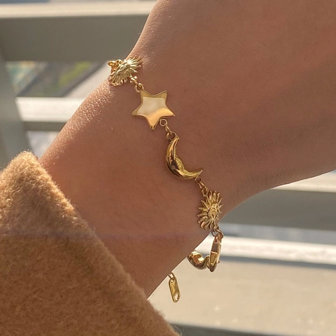 Bracciale In Acciaio Inossidabile Placcato Oro 18K Con Ciondoli Celesti Sole Luna Stella Per Donna Gioielli Per Vacanze