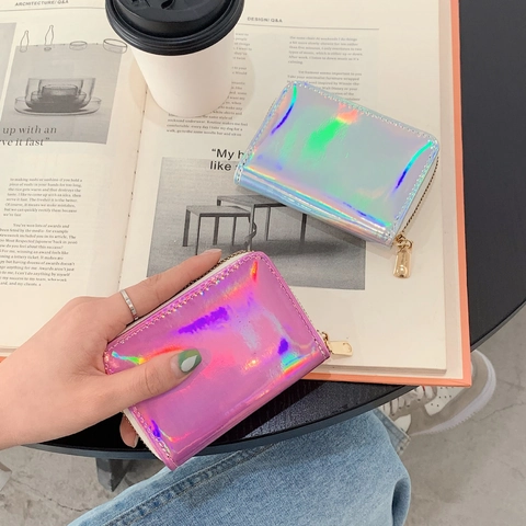 Holographic Laser Quilted Faux Leather Accordion Card Holder Wallet Multi Slot Zipper Mini Coin Purse For Women