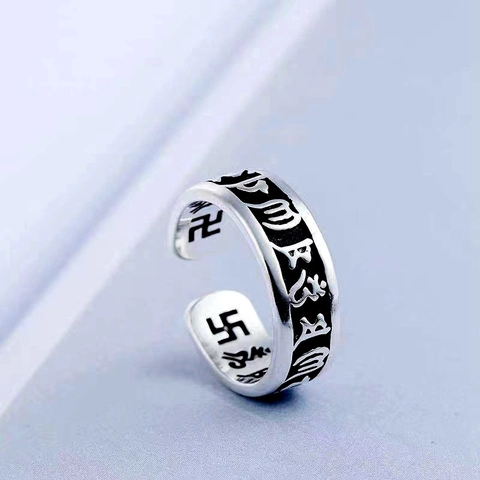 Vintage 925 Sterling Silber Offener Ring Sechs Wort Mantra Religiös Buddhistisch Verstellbares Ethno Band Unisex