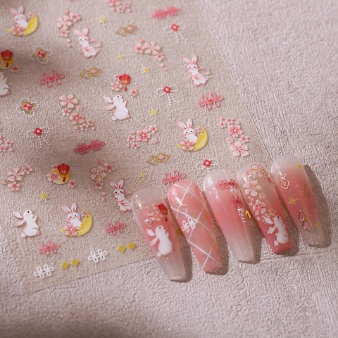 Nail Art Stickers 3D Gold Foil Embossed Chinese Style Rabbit Cherry Blossom Self Adhesive Decals Manicure DIY Decoration