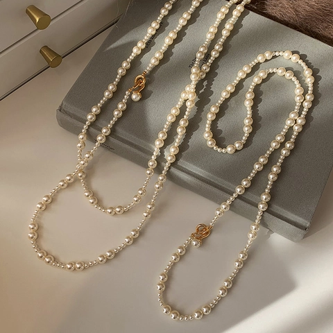 Elegante Französische Vintage Mehrlagige Kunstperlenkette Für Damen Lange Pulloverkette Mit Goldenem Legierungsverschluss