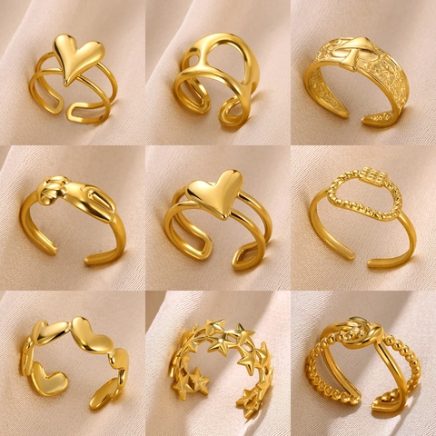 Anelli Regolabili Acciaio Inossidabile Donna Cuore Stella Geometrico Cavo Design Nodo Gioielli Placcato Oro
