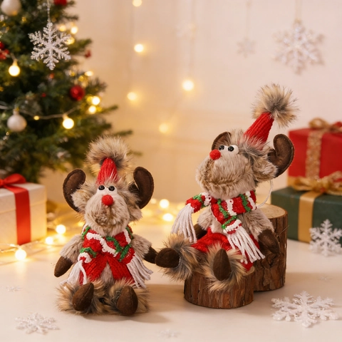 Christmas Reindeer Plush Hanging Ornaments Cute Deer Soft Faux Fur Knitted Hat Striped Scarf Festive Home Tree Decoration