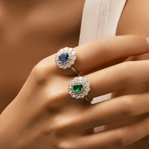 Anello In Argento Sterling 925 Ovale Pietra Preziosa Blu Verde Doppio Halo Zircone Retrò Elegante Lusso Donne