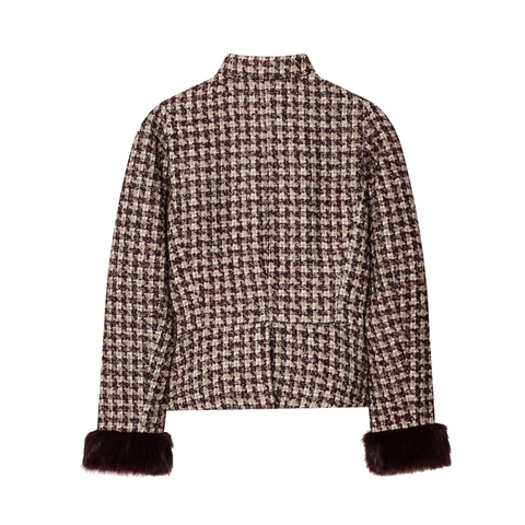 Chaqueta Elegante De Tweed Para Mujer Con Estampado De Cuadros Cuello Alto Y Puños De Piel Sintética