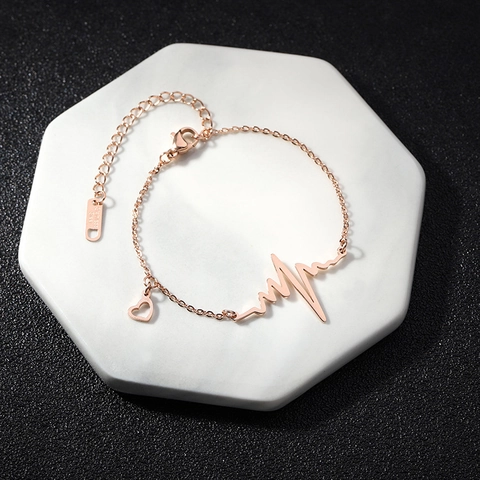 Bracciale Minimalista in Acciaio Inossidabile Oro Rosa ECG Battito Cardiaco per Donna Pendente a Cuore Regolabile Gioielli