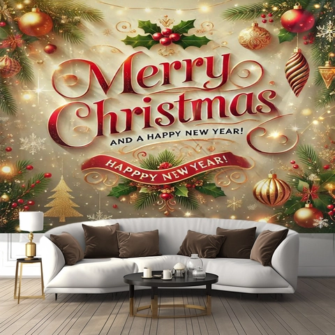Tapiz De Navidad Para Pared Poliéster Patrón Rojo Dorado Decoración De Fiesta Festiva Fondo De Hogar