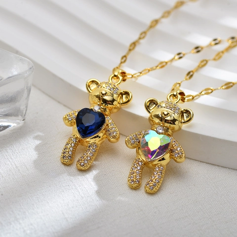 Collana Con Pendente Orsetto Carino Rame Micro Pavè Zircone Cuore Cristallo Colorato Gioielli Per Donne