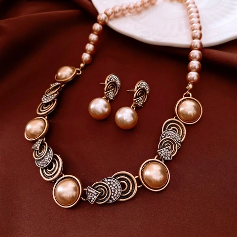 Collana E Orecchini Vintage Francese Lusso Strass Lega Placcato Oro Perla Artificial Imitazione Champagne Perno In Argento