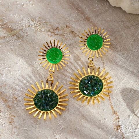 Fashion Stainless Steel Sunflower Drop Earrings With Green Rhinestone Bohemian Sunburst Dangle Earrings For Women Jewelry