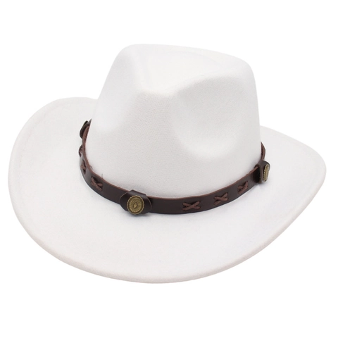 Western Cowboy Hat Vintage Wide Brim Felt Fedora With Leather Belt Metal Buckle Retro Jazz Style For Women Men