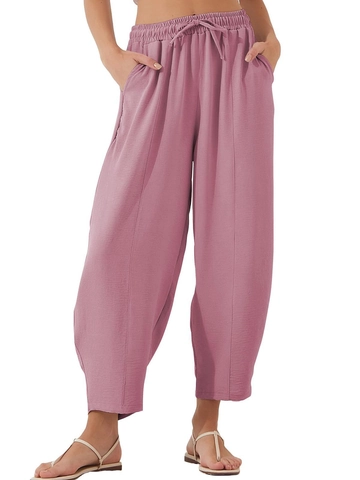 Women Casual High Waist Harem Pants Loose Drawstring Trousers Soft Polyester Spandex Blend With Pockets Vacation Style