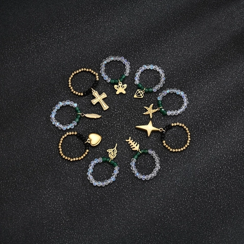 Anello Elastico Con Perline Bohemien Acciaio Inossidabile Perline Cristallo Di Vetro Con Pendente Metallo Geometrico Donna
