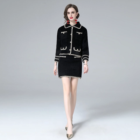 Elegante Dames Tweed Jas En Rok Contrastbies Faux Kunstparelknoppen Kantoor Socialite Stijl Vintage Kleding