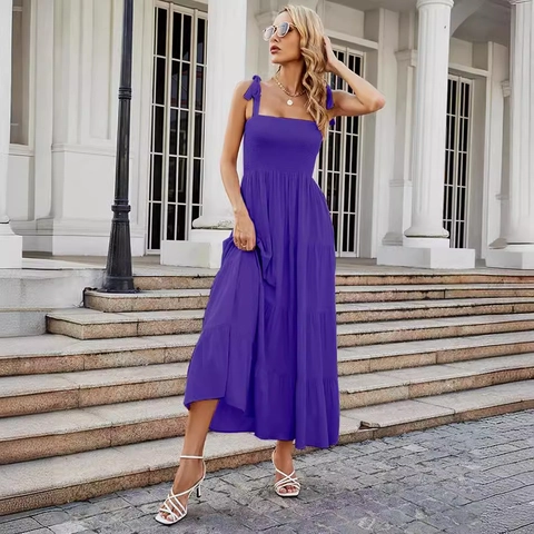 Donna Vestito Lungo Floreale A Strati Punto Smock Senza Maniche Schiena Scoperta Estate Spiaggia Vacanze Boho Spalline Annodate