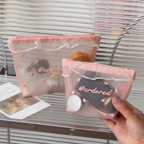 Pinke Netz Kosmetiktasche Herz Stickerei Transparente Make-Up Tasche Tragbare Reise Toilettenartikel Organizer Für Frauen