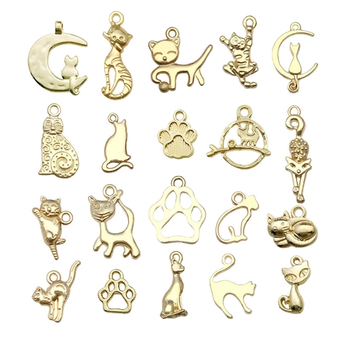 Breloques Chat en Alliage Lune Chaton Pendentifs Or Argent Bronze Antique Animal Patte de Chat Accessoires Bijoux DIY