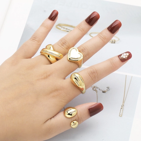 Bague Ouverte Géométrique En Forme De Cœur Zircon Brillant Cuivre Plaqué Or Bijoux De Doigt Réglables Pour Femmes Minimal