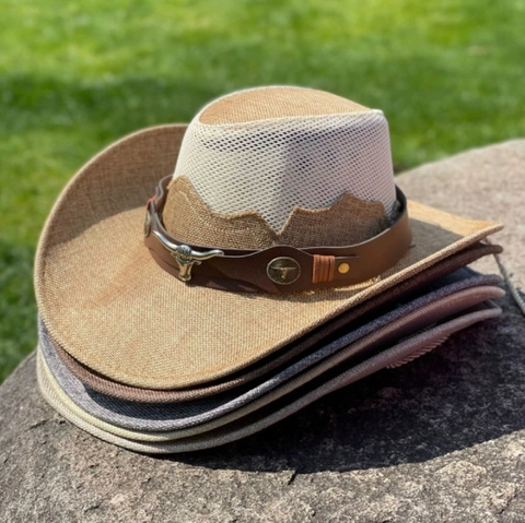 Western Cowboy Hat Straw Mesh Splicing Breathable Bull Head Leather Band Sun Protection Wide Brim Outdoor Beach Men Women