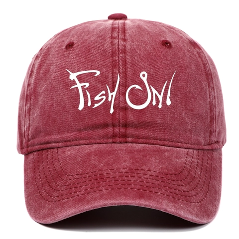 Fish On Baseball Cap Washed Cotton Distressed Vintage Dad Hat For Fishing Outdoor Sports Adjustable Strap