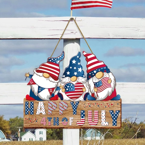 Día Independencia Bandera EE UU Gnomo Letrero Puerta Madera Bienvenida Pared Happy 4th Of July Decoración Hogar Álamo