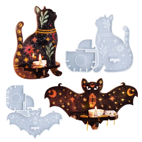 Stampi In Silicone Per Resina Gatto Pipistrello Portacandele Mensola Da Parete Gotico Celeste Sole Luna DIY