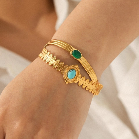 Französischer Retro Offener Armreif Edelstahl Vergoldet Grüner Achat Türkis Blattstruktur Böhmischer Schmuck Für Damen