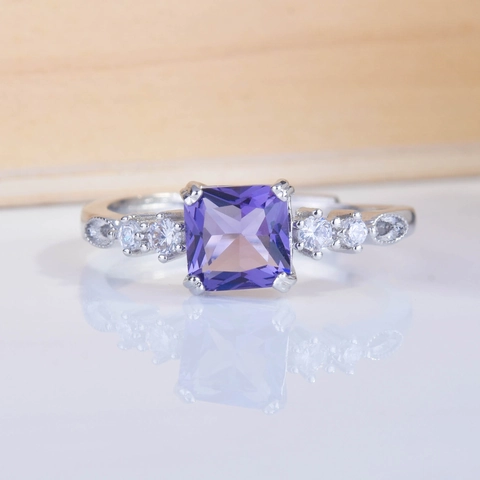 Princess Square Purple Amethyst Zircon Copper Open Ring Adjustable Elegant Versatile Jewelry Gift For Women Friends