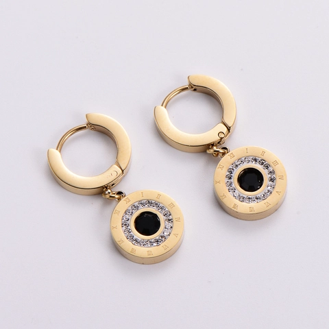 Orecchini A Cerchio Con Numeri Romani In Acciaio Inossidabile 316L Placcato Oro Con Pietra Nera E Strass Per Donna