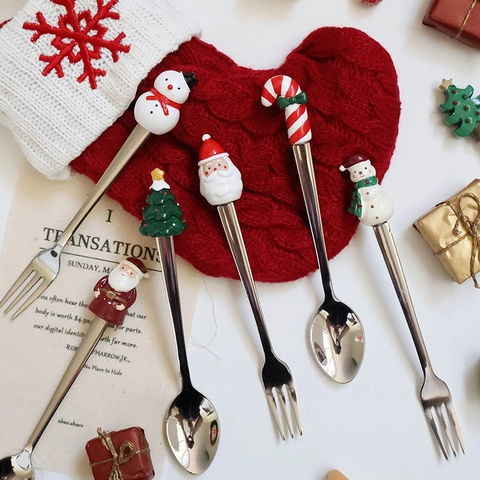 Weihnachts Löffel Und Gabeln Edelstahl Harz Weihnachtsmann Schneemann Baum Dekoration Dessert Geschirr Geschenkbox