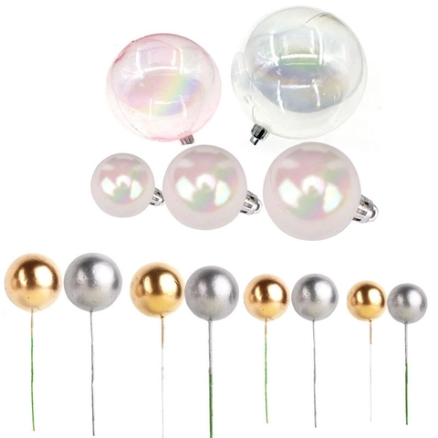 Iridescent Plastic Gold Silver Ball Cake Toppers Reflective Mirror Surface Party Baking Supplies Birthday Decor