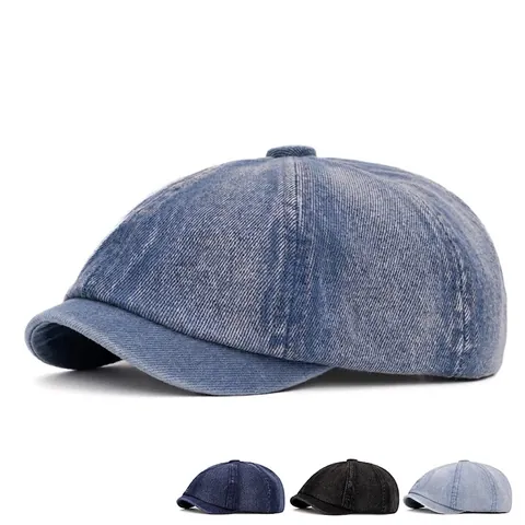 Retro Washed Denim Newsboy Cap Adjustable Octagonal Hat For Men Women Casual Painter Beret Sunshade Flat Cap