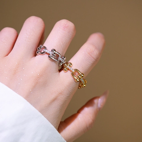 Horseshoe Buckle U-Shaped Link Ring Copper Gold Plated With Zircon Adjustable Open Band Industrial Chic For Women