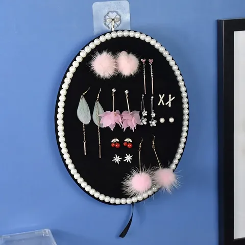 Oval Velvet Jewelry Display Stand Faux Artificial Pearl Edge Earring Organizer Board With Back Bracket For Home Countertop Decor