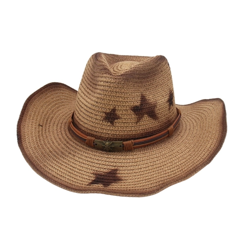 Sombrero De Vaquero Paja Tejida Protección Solar Estilo Western Playa Estampado Estrellas Calavera Metal Cuerda Ajustable